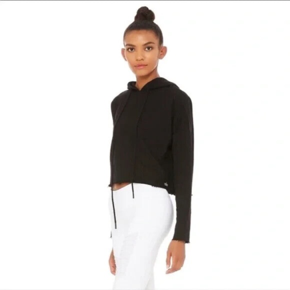 EUC ALO BOX HOODIE CROPPED RAW HEM SWEATSHIRT - BLACK - MEDIUM - Picture 1 of 4